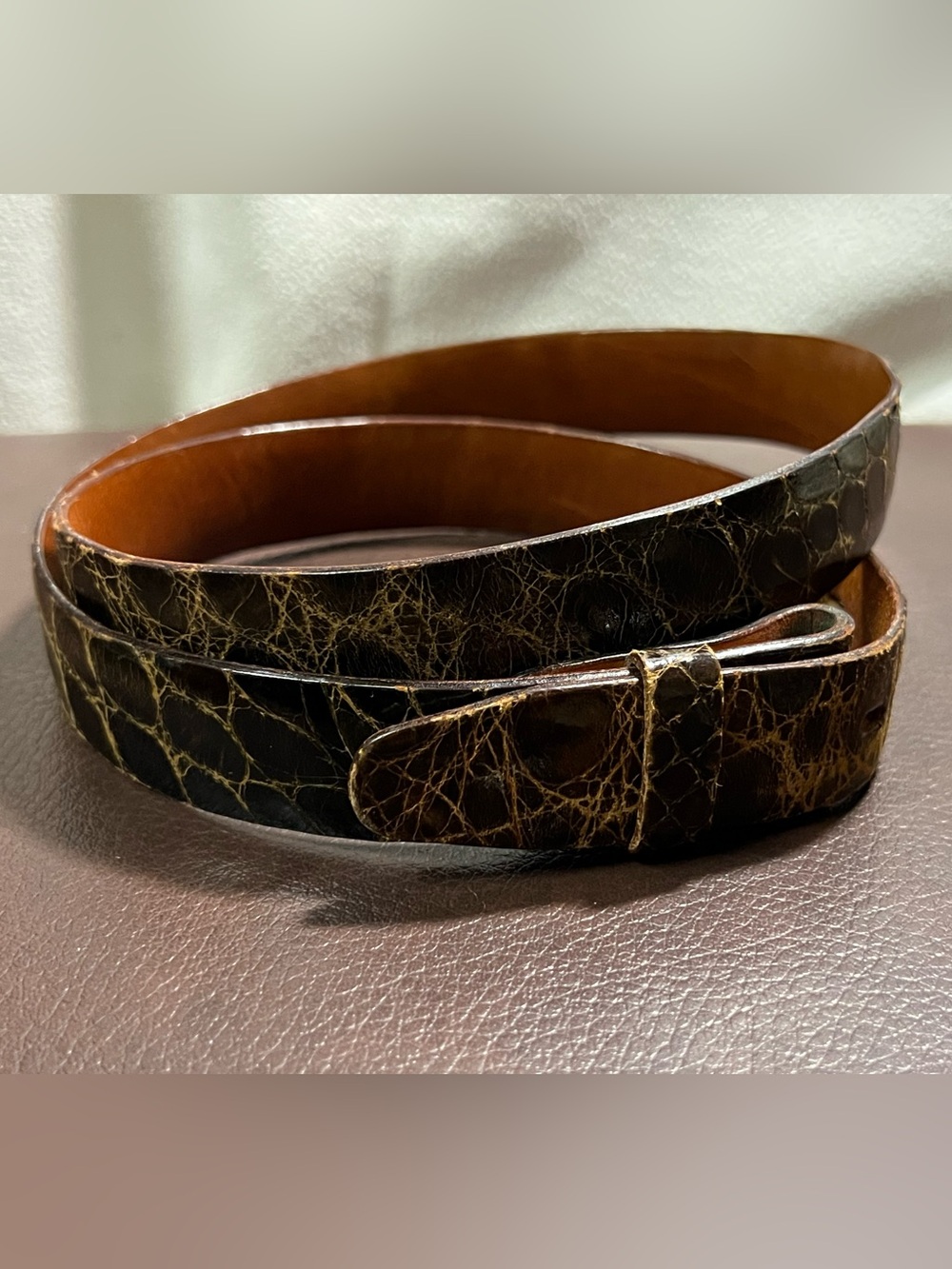 VTG Hirdes Of New Orleans American Alligator On Steer Hide Leather Brown Belt 32